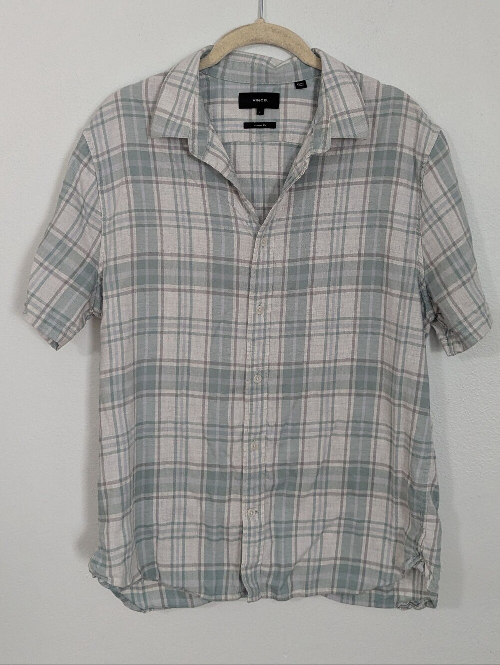 Vince Kino Plaid Linen-Cotton Short-Sleeve Shirt Button Front White Green Large